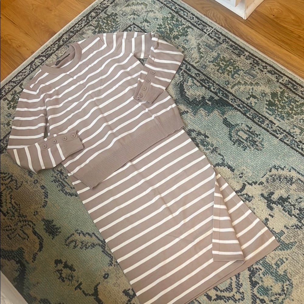 Striped Tan and White Sweater and Skirt Set